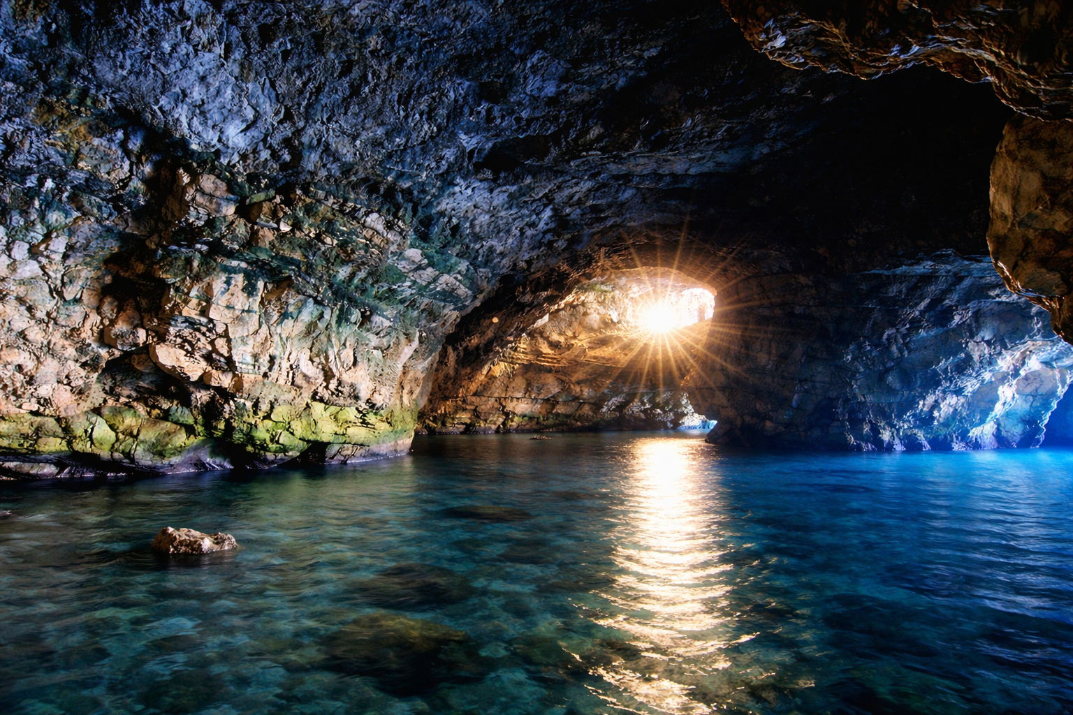 Illuminated limestone sea caves along the Polignano a Mare coast