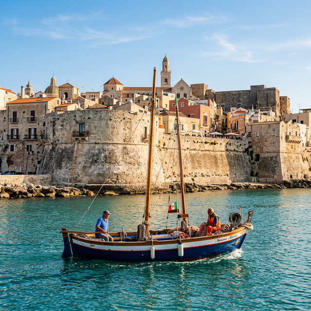 Traditional fishermen's boat tour under Bari old city walls